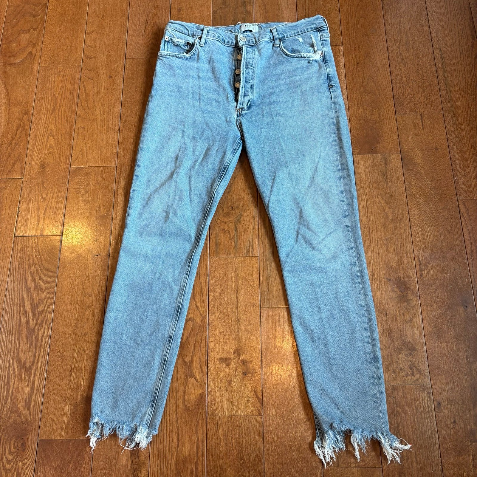 Womens AGOLDE Denim Jeans NICO High Rise Slim Fit Stretch Light Wash Raw Hem 31