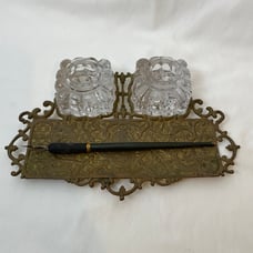 Antique Brass, Double Inkwell Tray With Fountain Pen