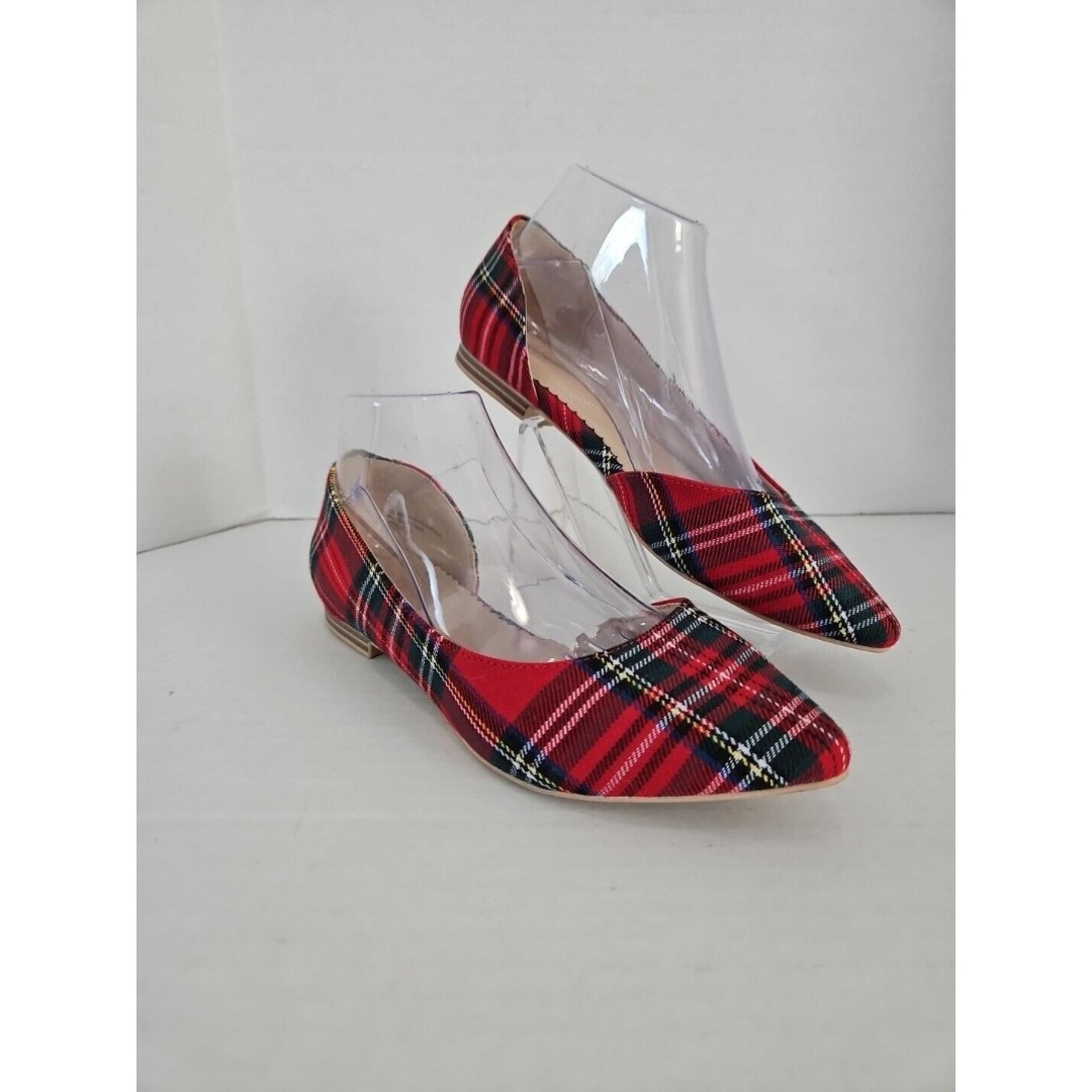 Isaac Mizrahi New York Amaya Red Tartan Plaid Flats size 7.5 D'orsay Cottagecore