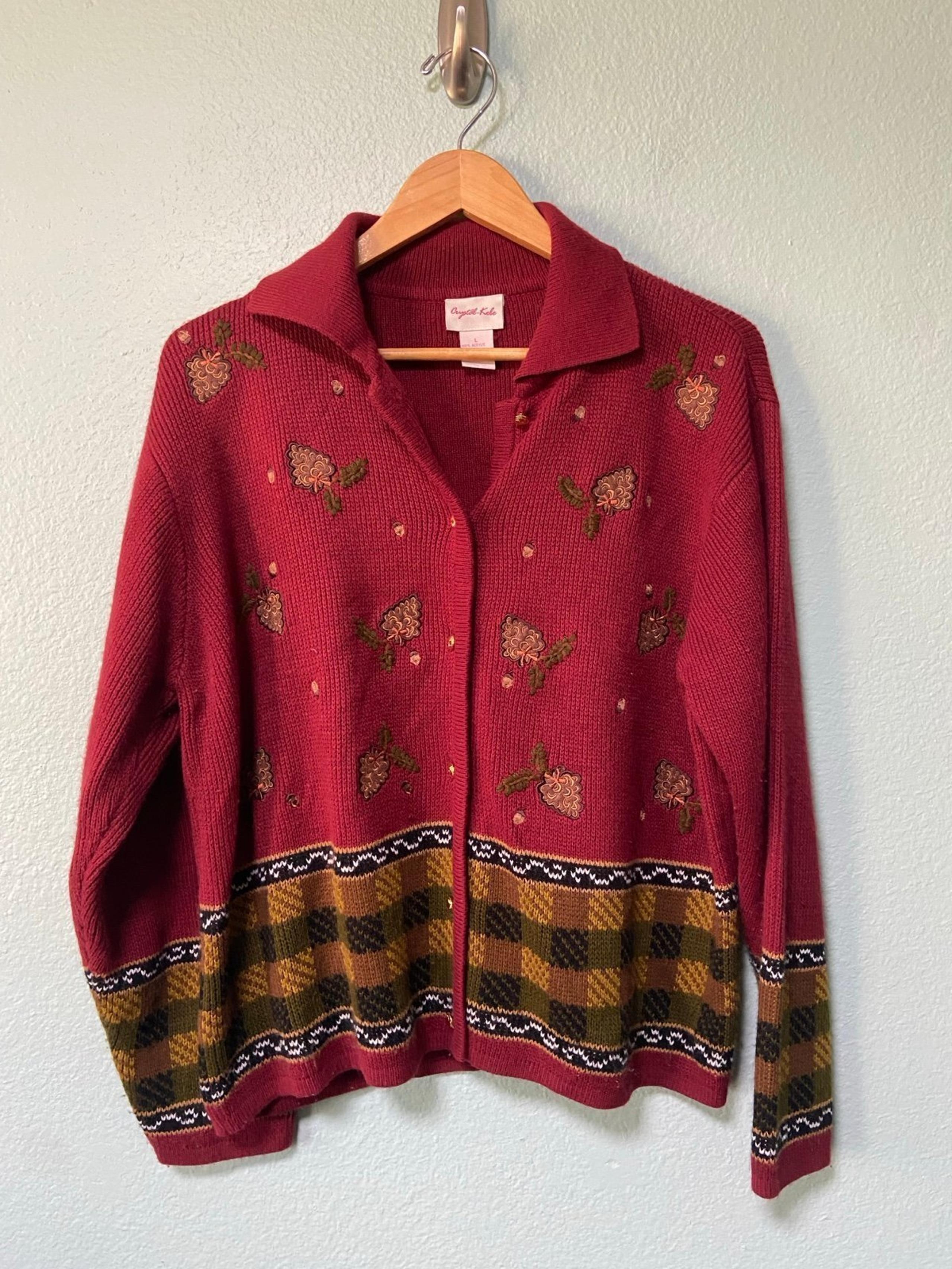Vintage Crystal Kobe Women's Plaid Acorn Grape Wine Fall Winter Sweater Large