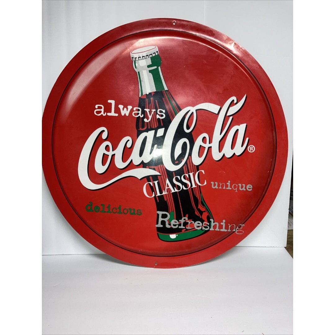 Coca Cola Classic Round Sign Plastic Double Sided Approx 27"