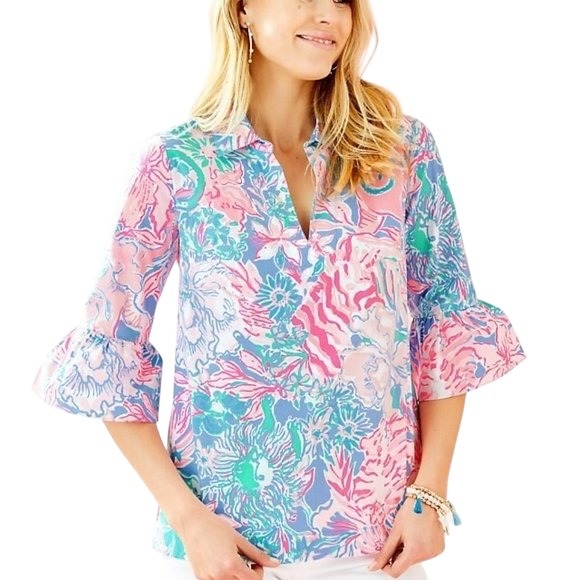 Lilly Pulitzer Small Top Pink Blue Ginger Top Viva La Lilly Bell Sleeve 125