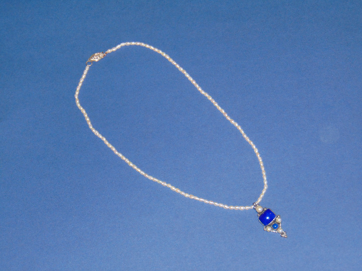 JGD JANICE GIRARDI Signed 925 Rice Pearl & Lapis Pendant Necklace Vintage F+