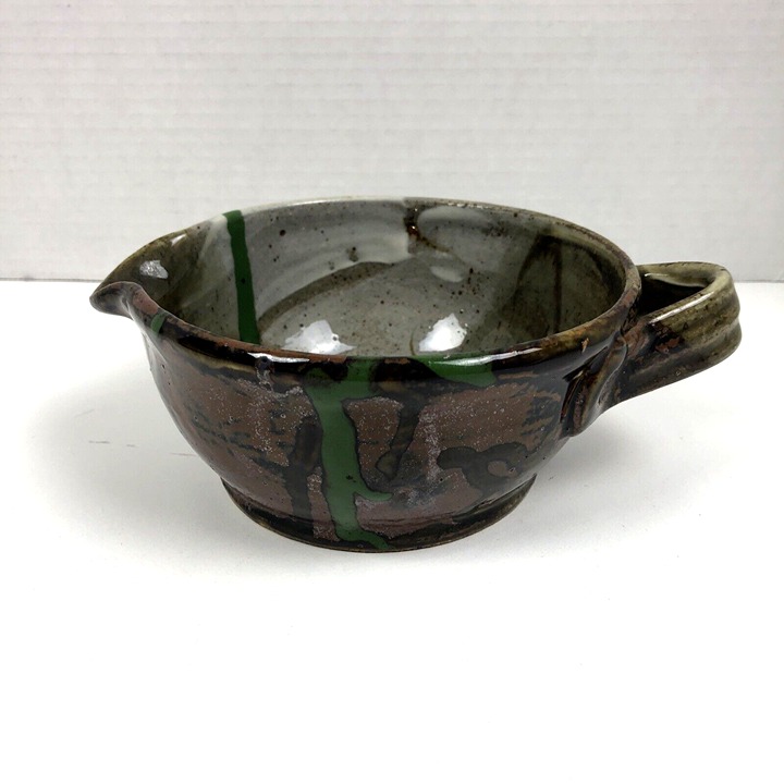Fork Mountain Pottery Drip Glaze Bowl with Handle and Spout Signed McLaughlin