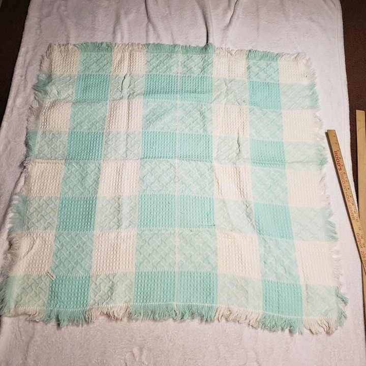 Vintage Baby Blanket Hand Loomed Teal White Acrylic 36x36 Waffle Lattice Fringe