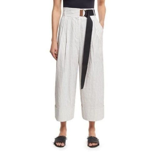 Tibi White Cecil Striped Culottes With D-ring Belt Linen Wide Leg High Waist Pan