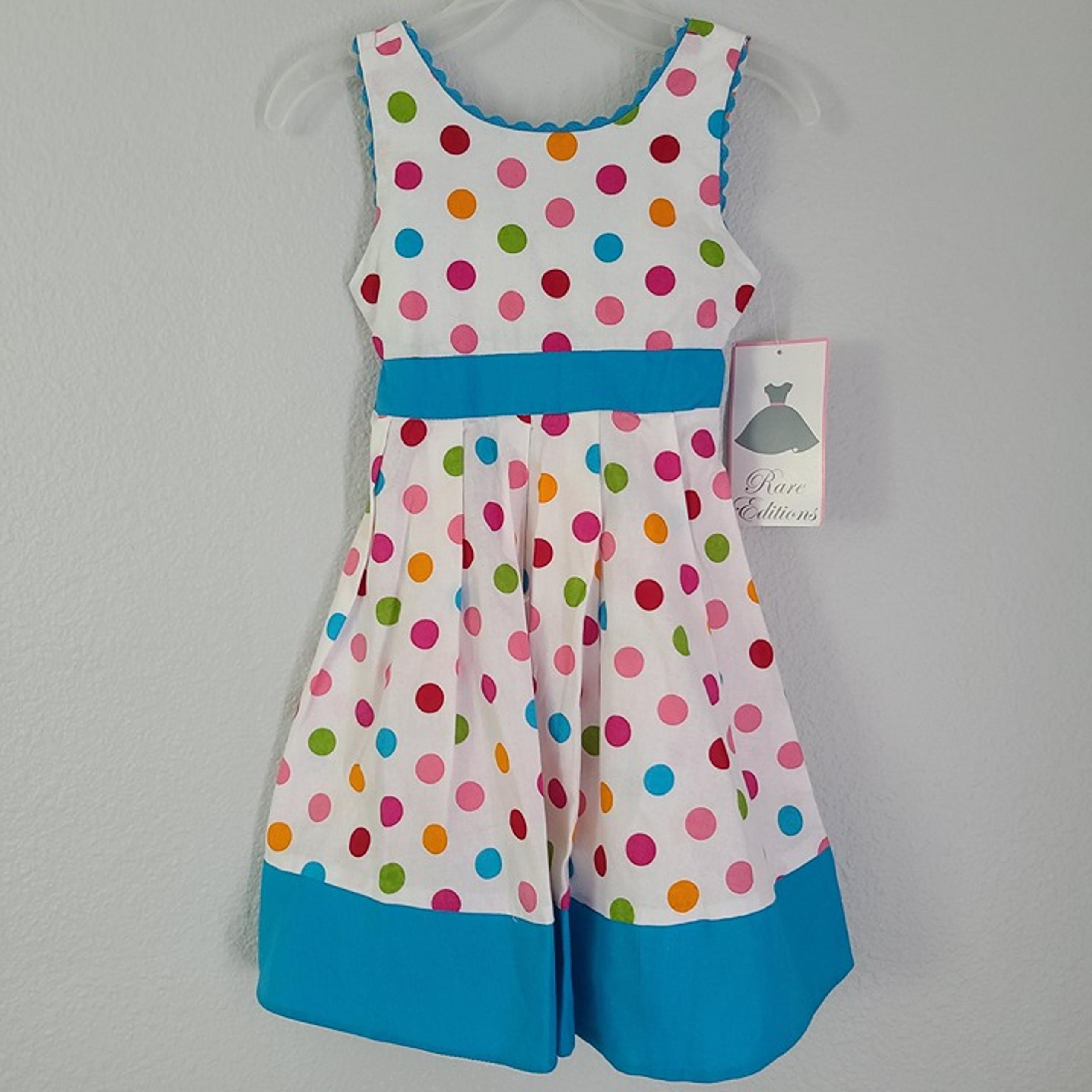 Rare Editions NWT Girls white and blue Polka Dot Sleeveless Dress – Size 4