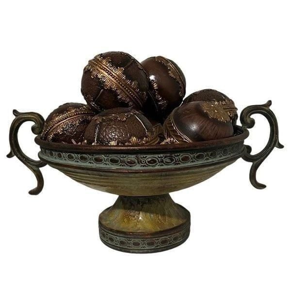 Vtg Metal Centerpiece Bowl W/ 8 Deco Balls 8 Ornate Brass Tone Antique Tarnish