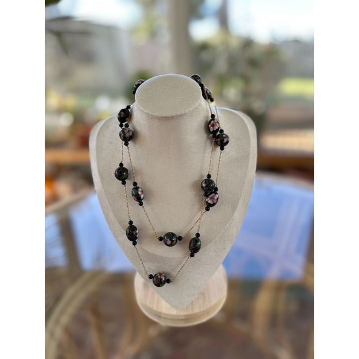 14K Yellow Gold and Cloisonne Bead Necklace 31 Long