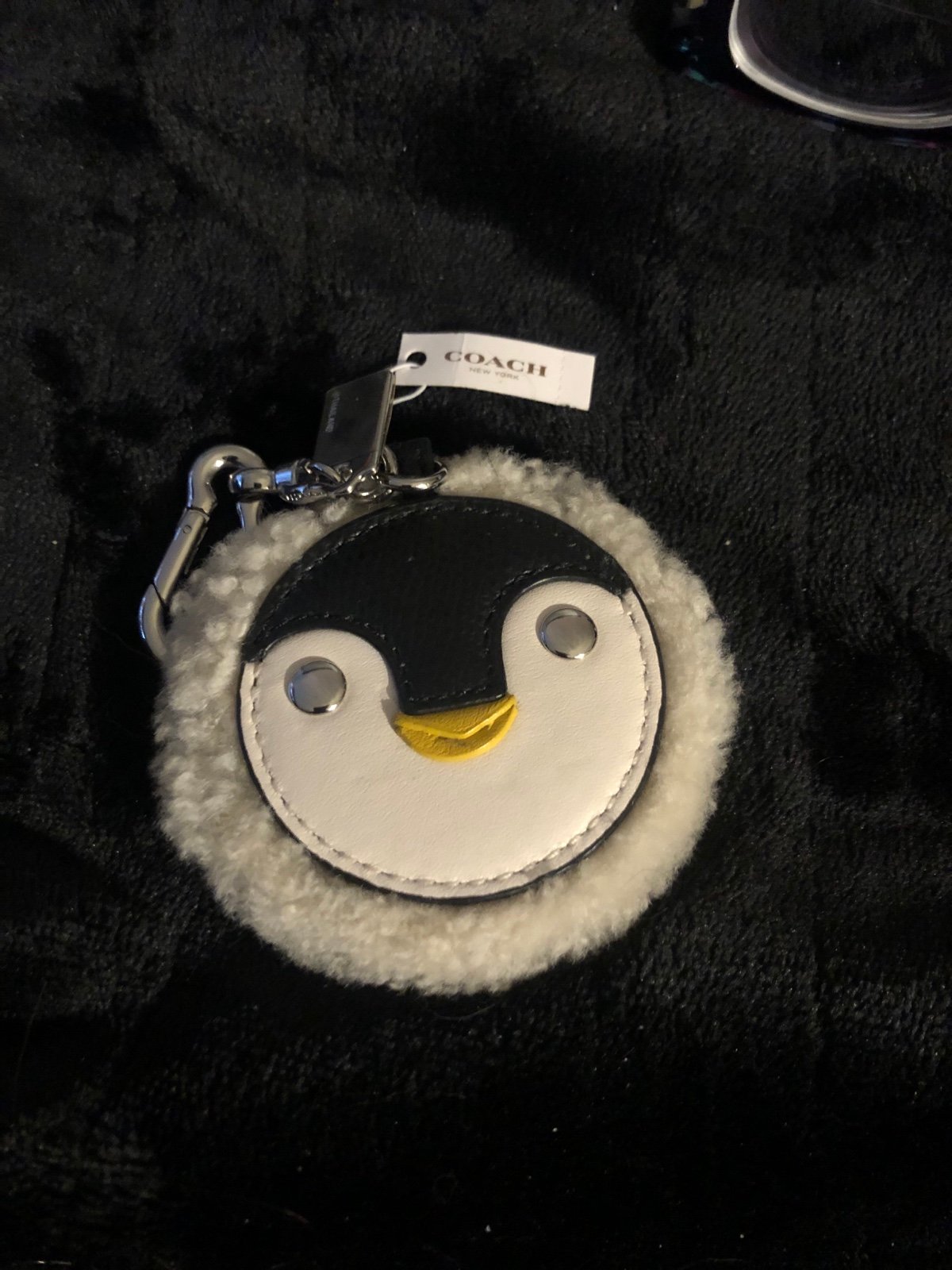 Coach Fuzzy Sherling Penguin Charm FOB keychain NWT