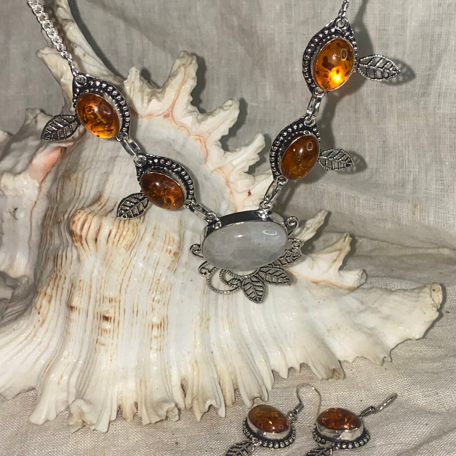 Whimsical Moonstone + Amber leaf necklace & Earring set