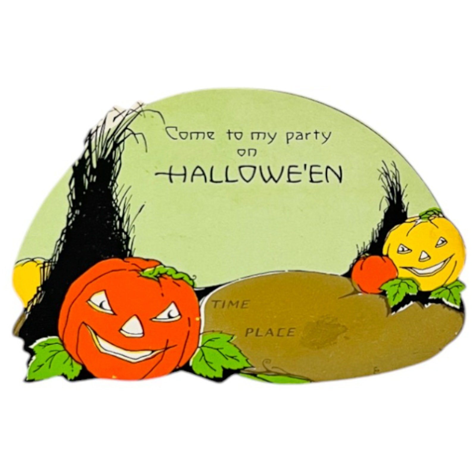 Vintage Halloween Party Invitation JOL Pumpkin Patch Kitschy USA Die Cut UNUSED