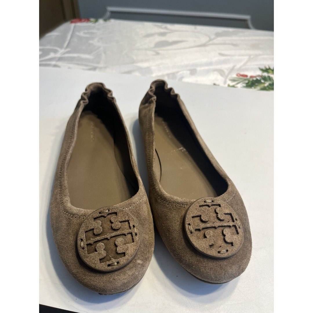 Tory Burch Minnie Travel Brown Suede Leather Ballet Flats Logo Medallion Size 8M
