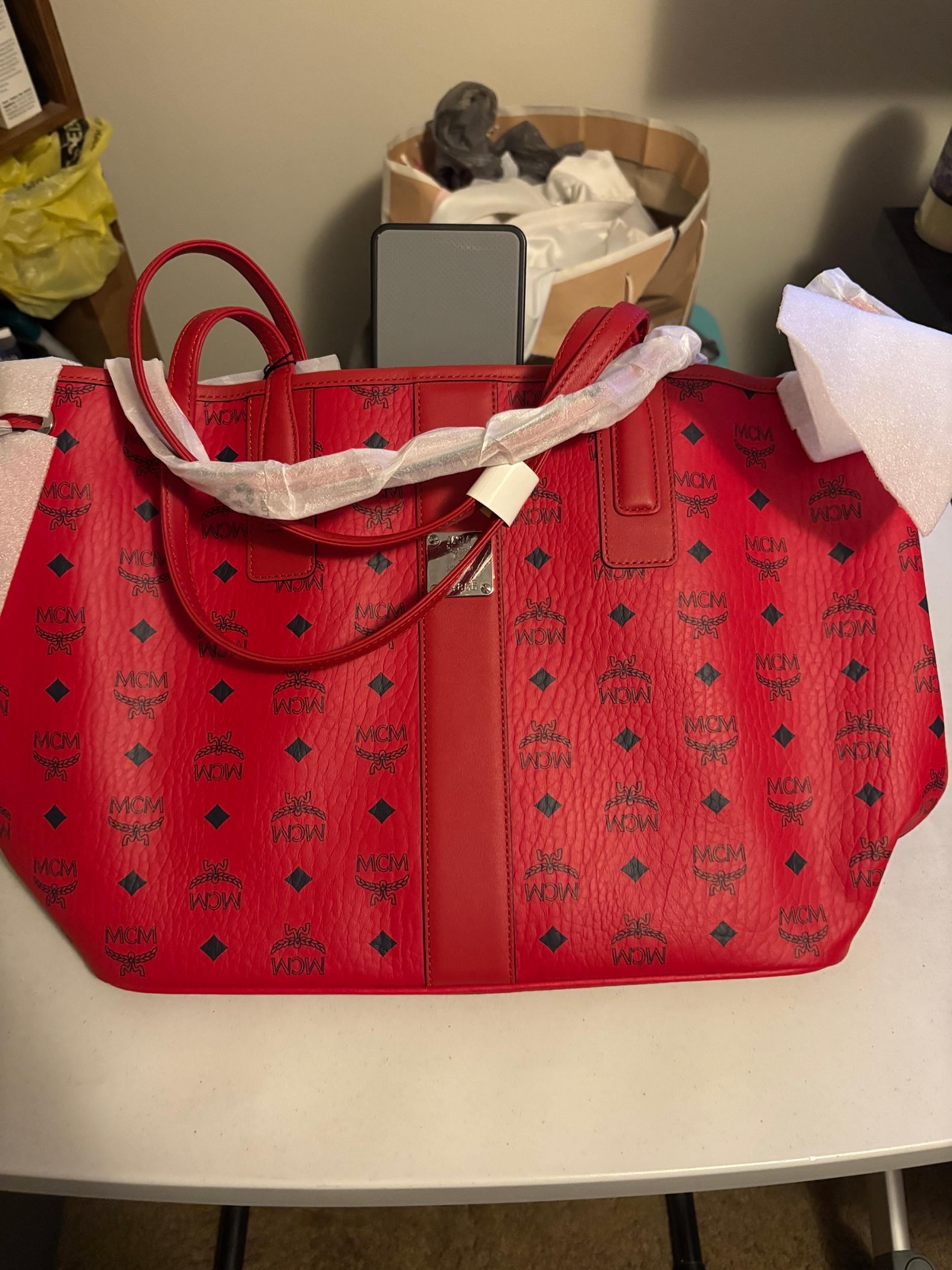 MCM Candy Red Embossed Monogram Med Liz Reversible Shopper Tote Bag