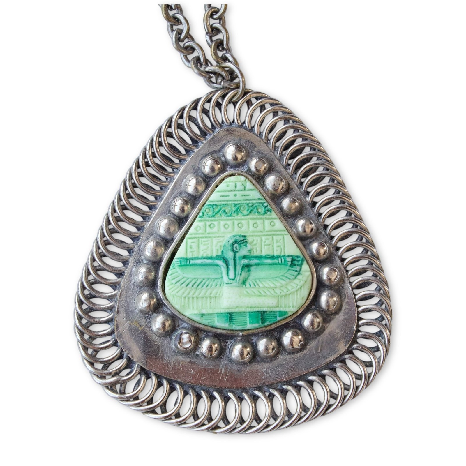 Vintage Egyptian Revival Pendant Necklace Green Winged God Silver Tone