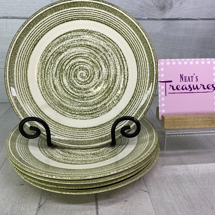 Vintage Max Schonfeld EL VERDE Green Swirl Spiral Ironstone Dinner Plates Set 5