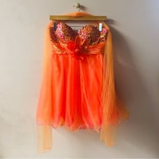 Unique Vintage Let’s Fashion Orange/Pink Sequin Sweetheart Bust & Organza Dress