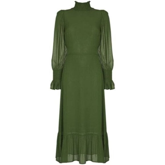 NWT Reformation Galena Midi in Moss Green Mock Neck Georgette Dress 2