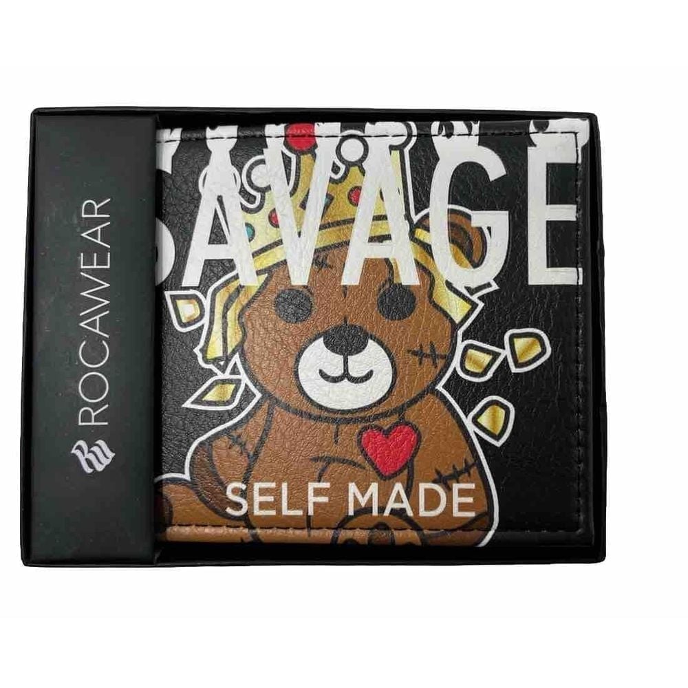 ROCAWEAR MEN'S Wallet BIFOLD SLIM BLACK SAVAGE KING BEAR - SELF MADE