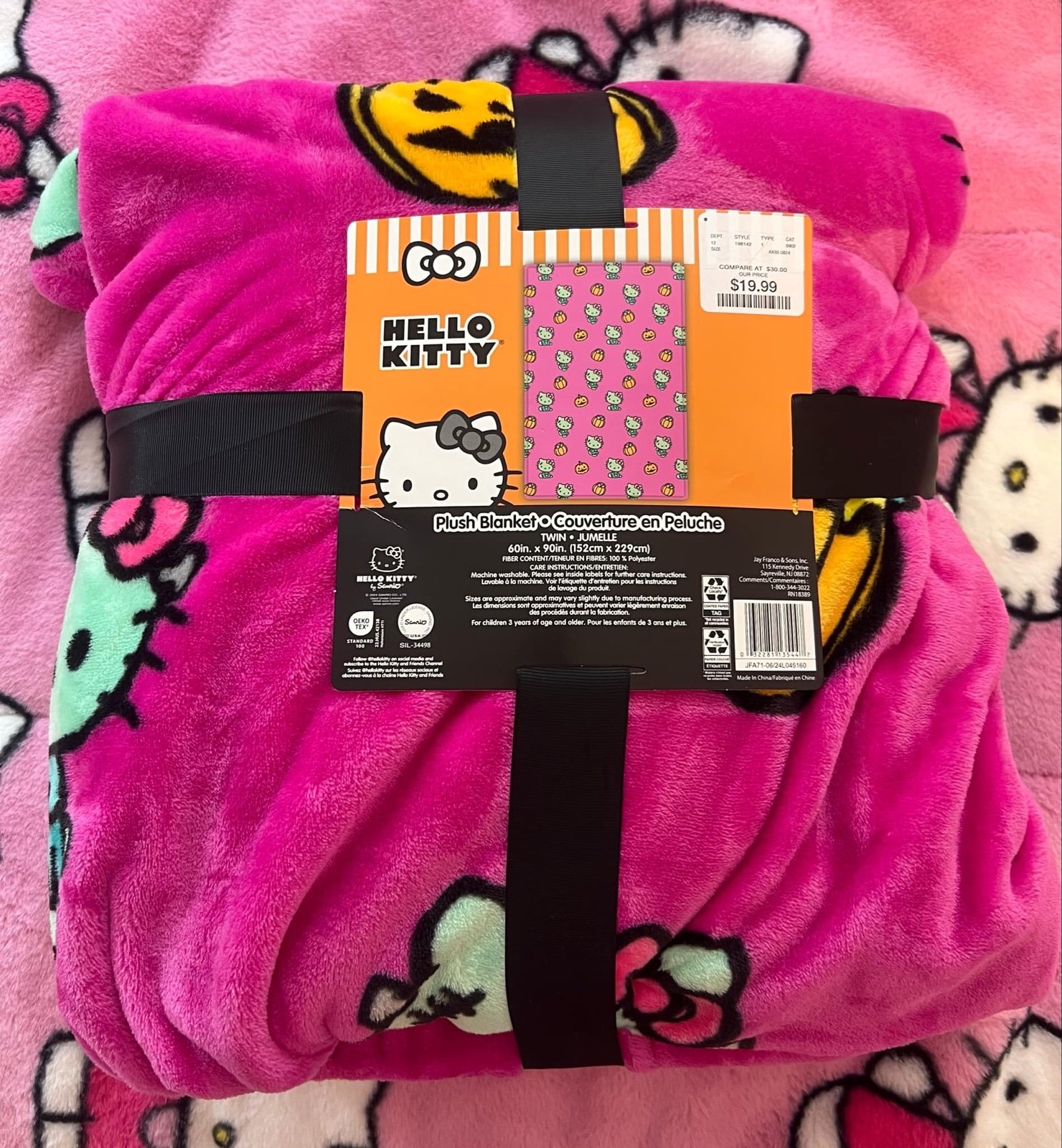 Hello Kitty hot pink Frankenstein twin blanket