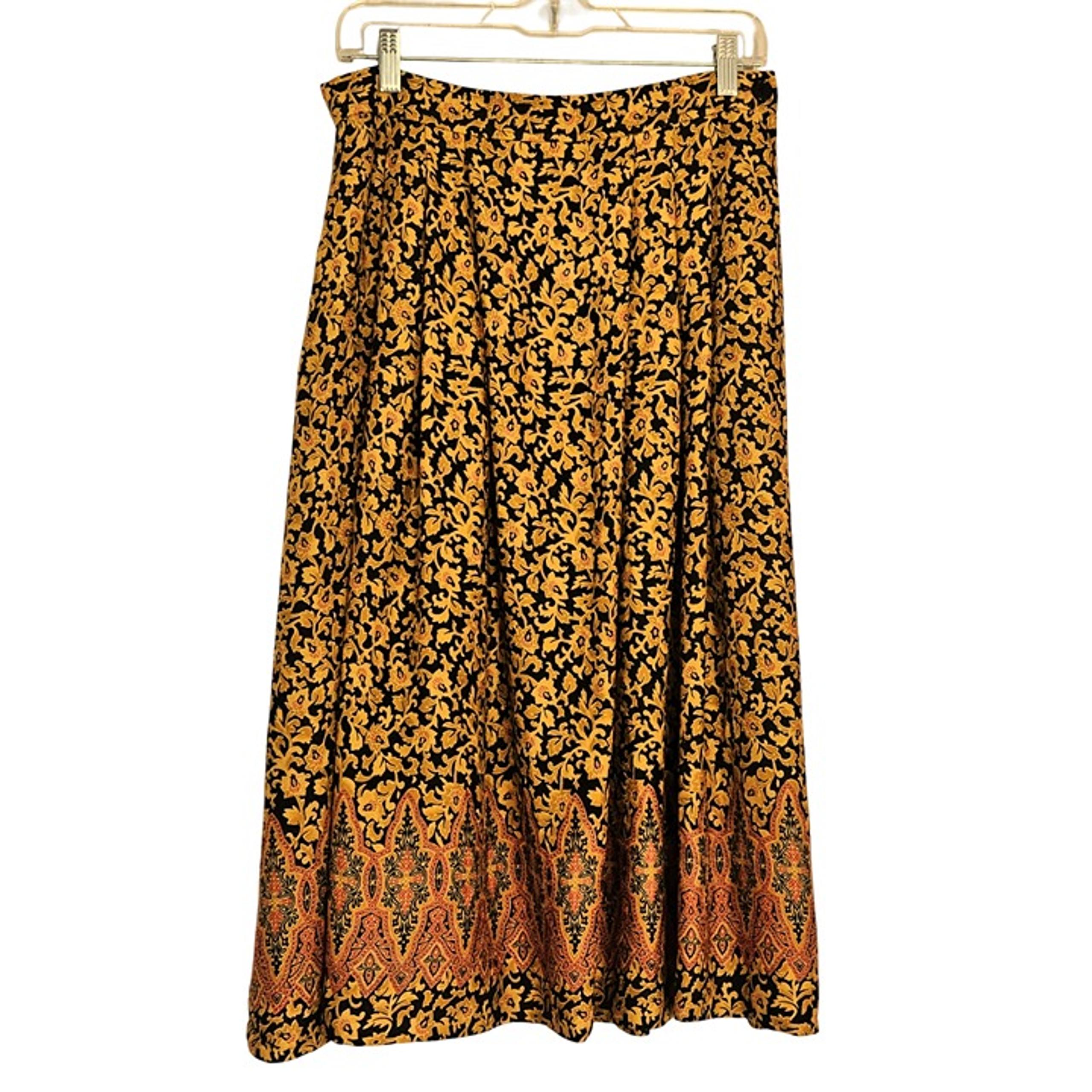 VTG Evan Picone Maxi Skirt 80's Rayon Black Gold - sz 14 - EUC