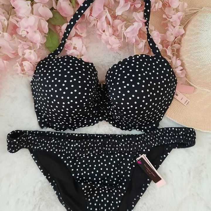 NEW 36DD-XL VS Zuma Demi Swim Top and Smocked Cheeky Swim Bottom in Blk/Wht Dots