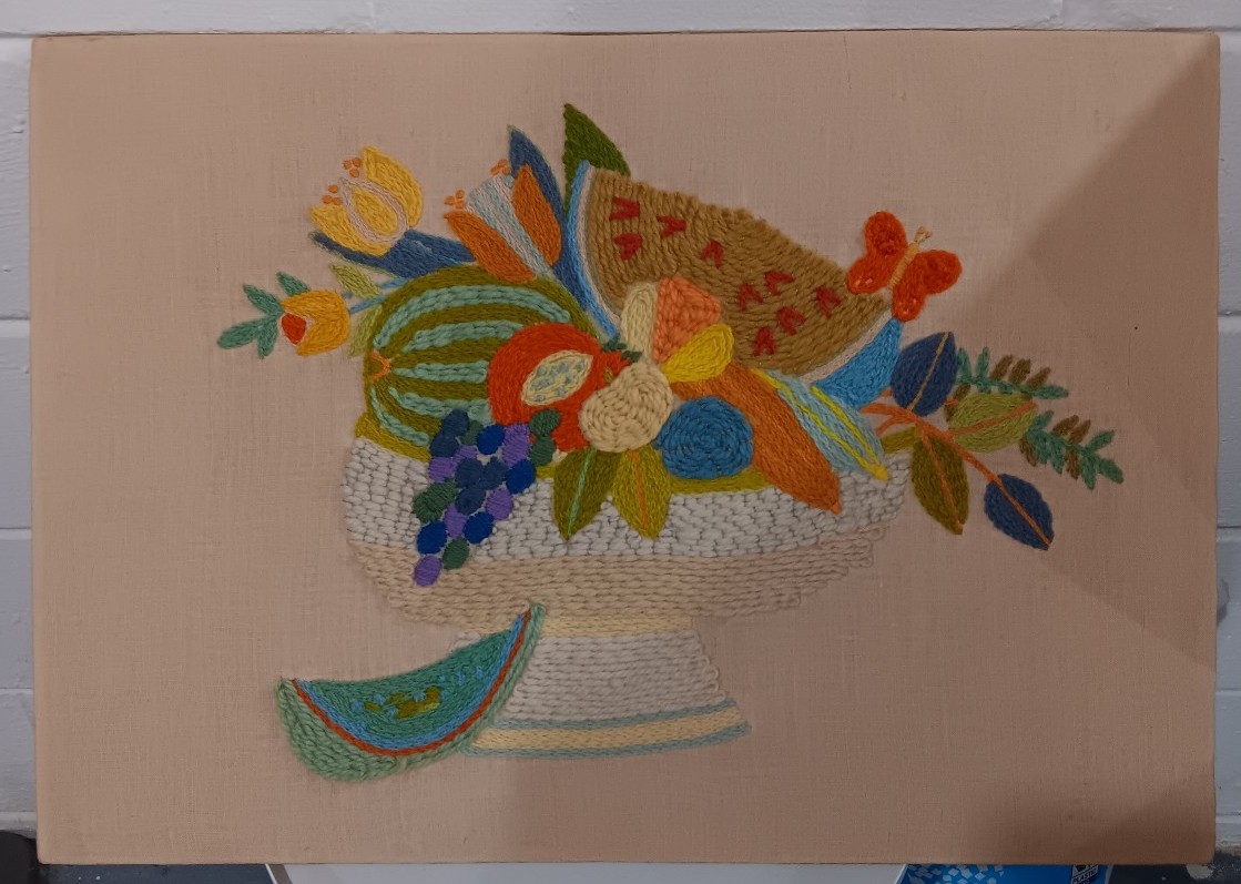 Large VTG Handmade Crewel Art Fruits & Flowers in Bowl. Still life
