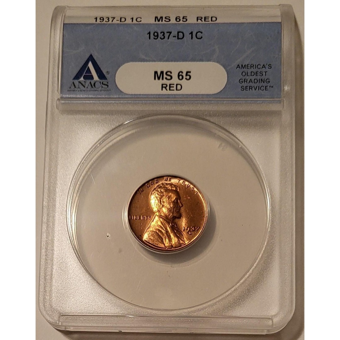 1937 D Lincoln Wheat Cent MS65 RED ANACS Blue Holder