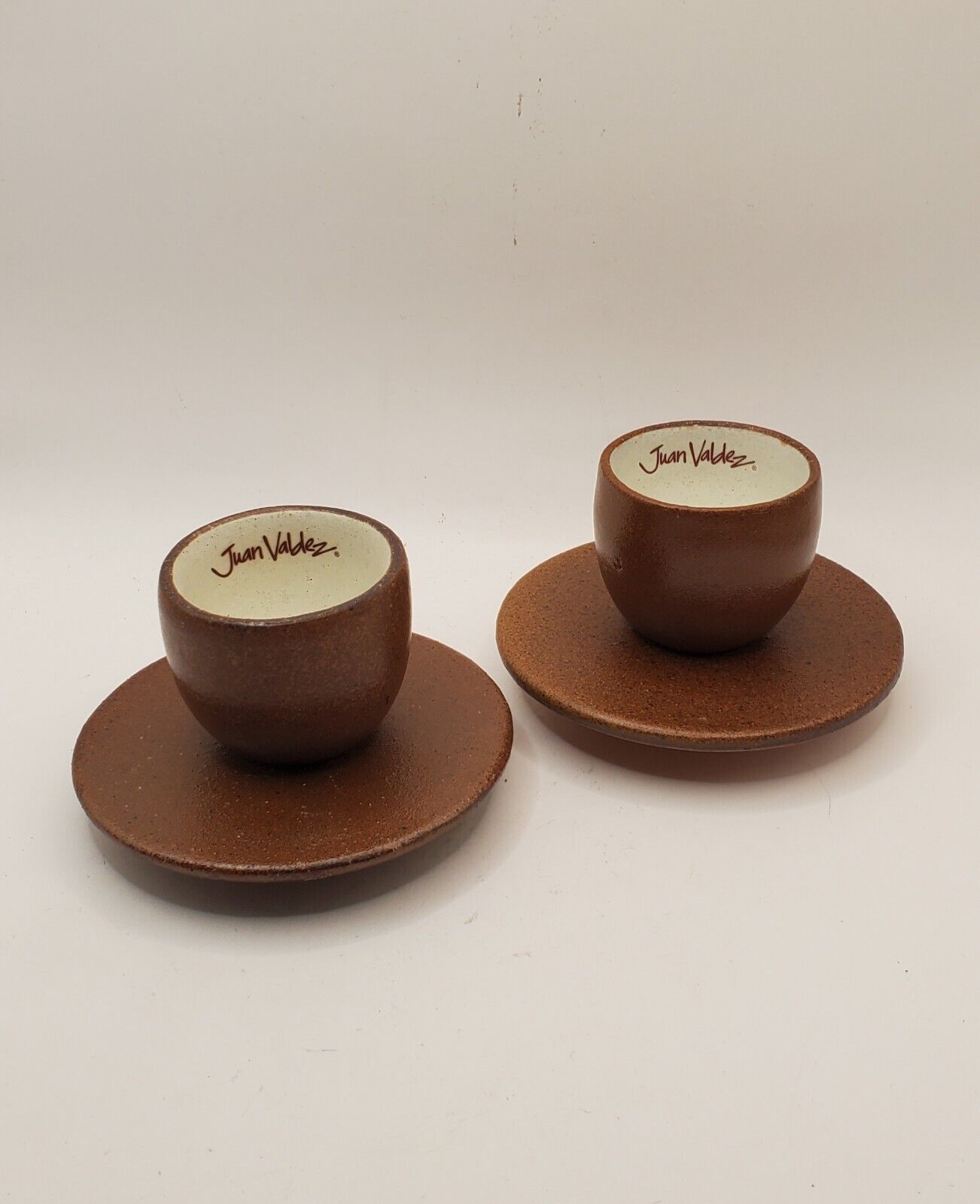 Juan Valdez Rare Handmade Pottery Espresso Cups And Saucers Set of 2 Brown Beige