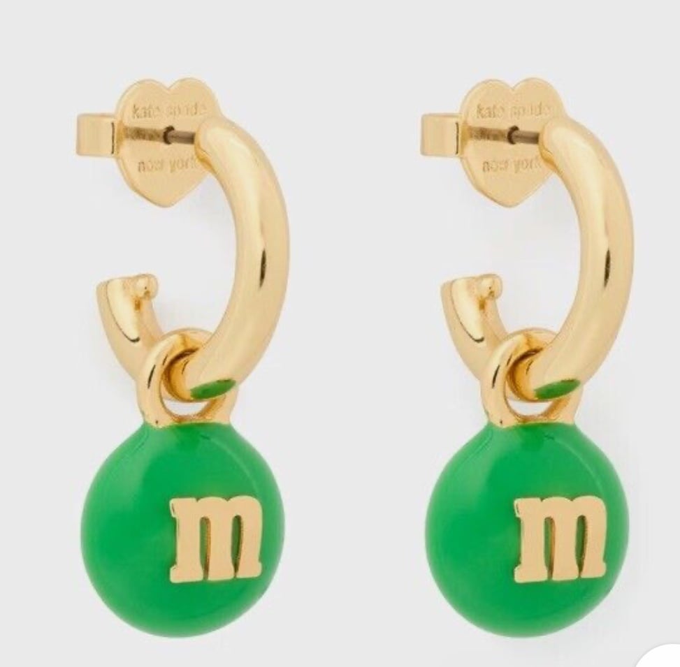 NWT! Kate Spade M&M Charm Huggie hoop, Green gold-tone Earrings Candy Novelty