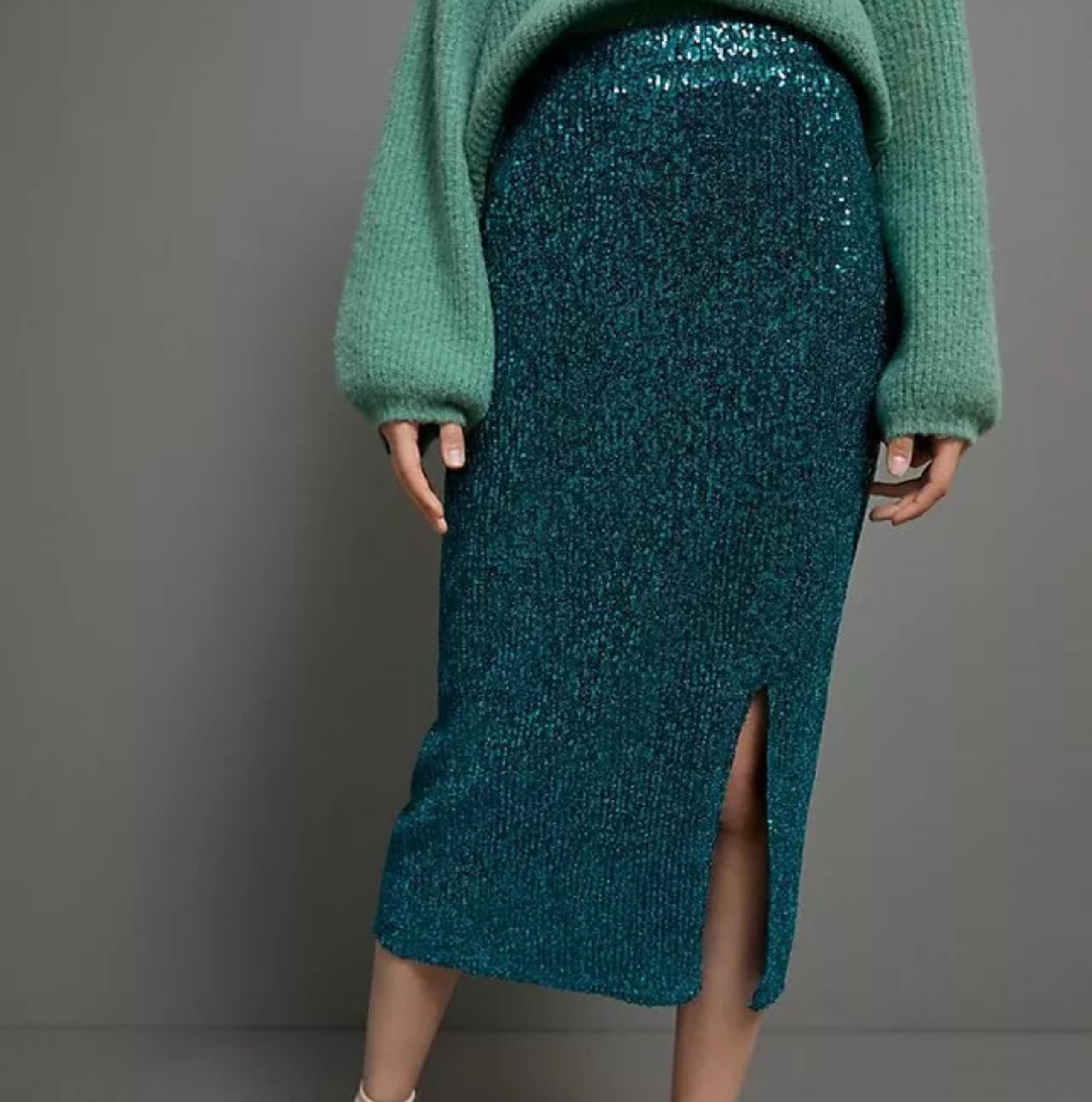 Maeve Alicia Sequined Midi Skirt Green Side Zip Slit Size SP - Anthropologie