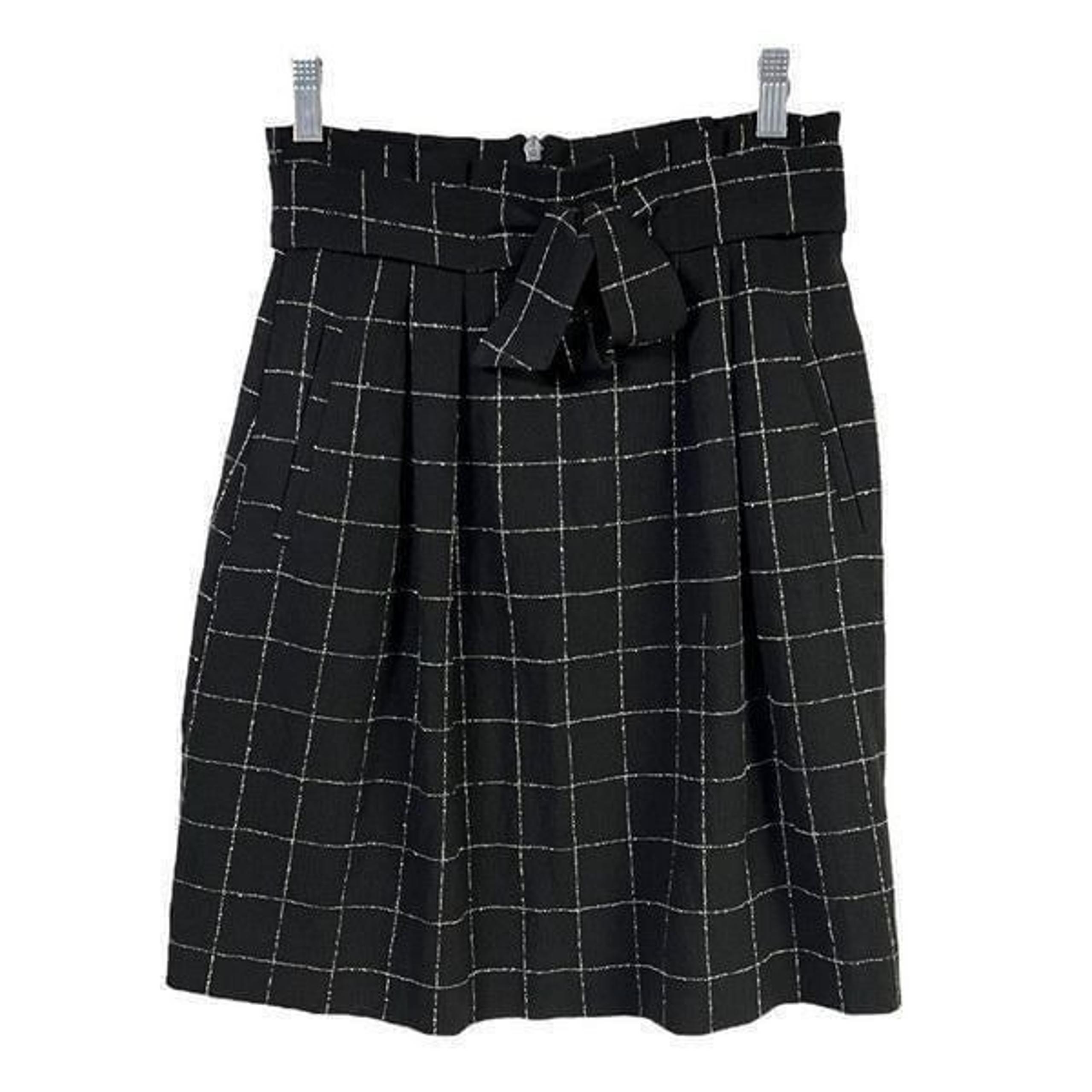 Womens A Line Skirt Black White Windowpane Knee Length Belted Preppy 2 New - H&M