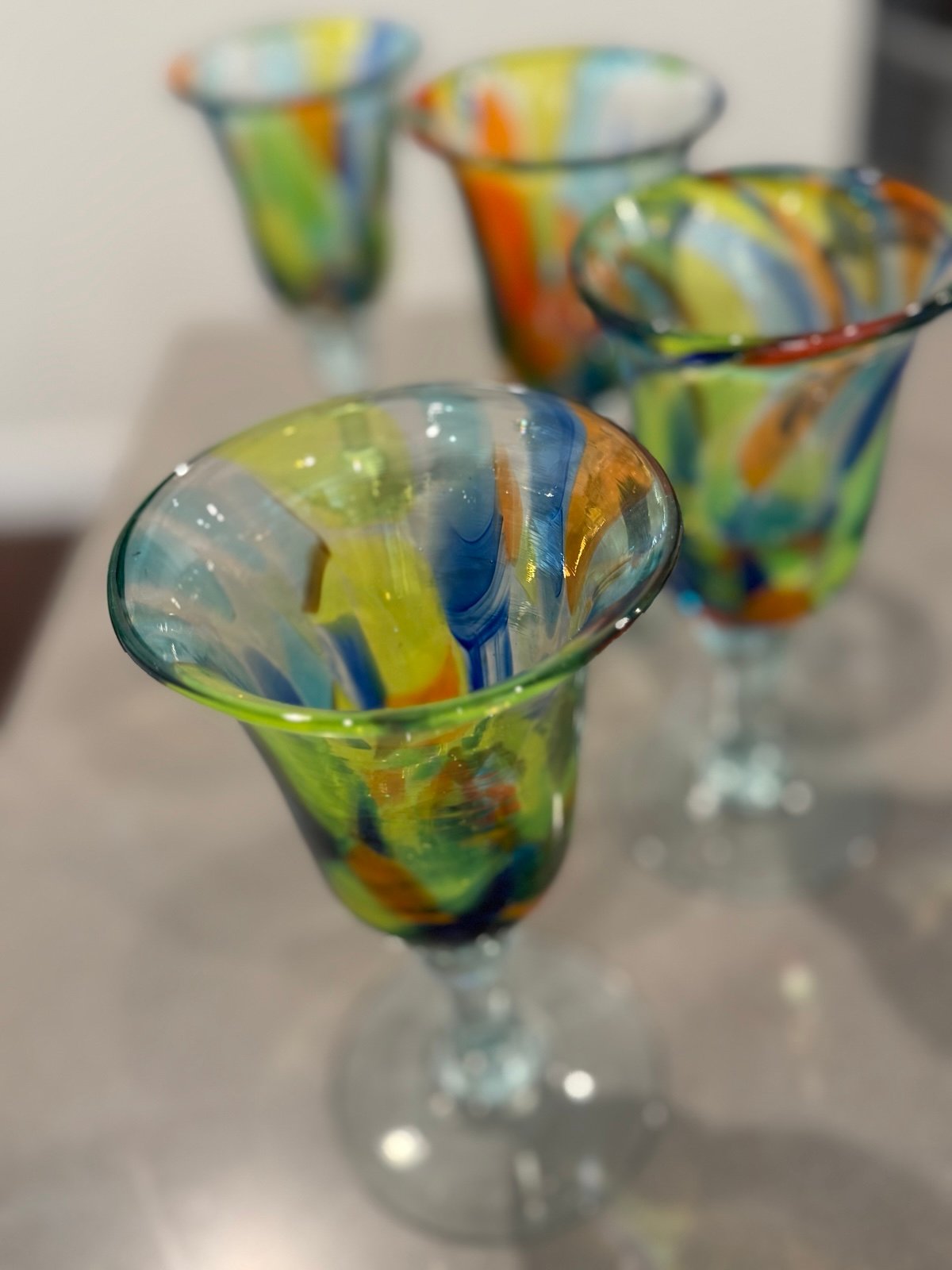 4pc Set Art Glass Confetti Hand Blown Wine Goblets Mexico Stemware