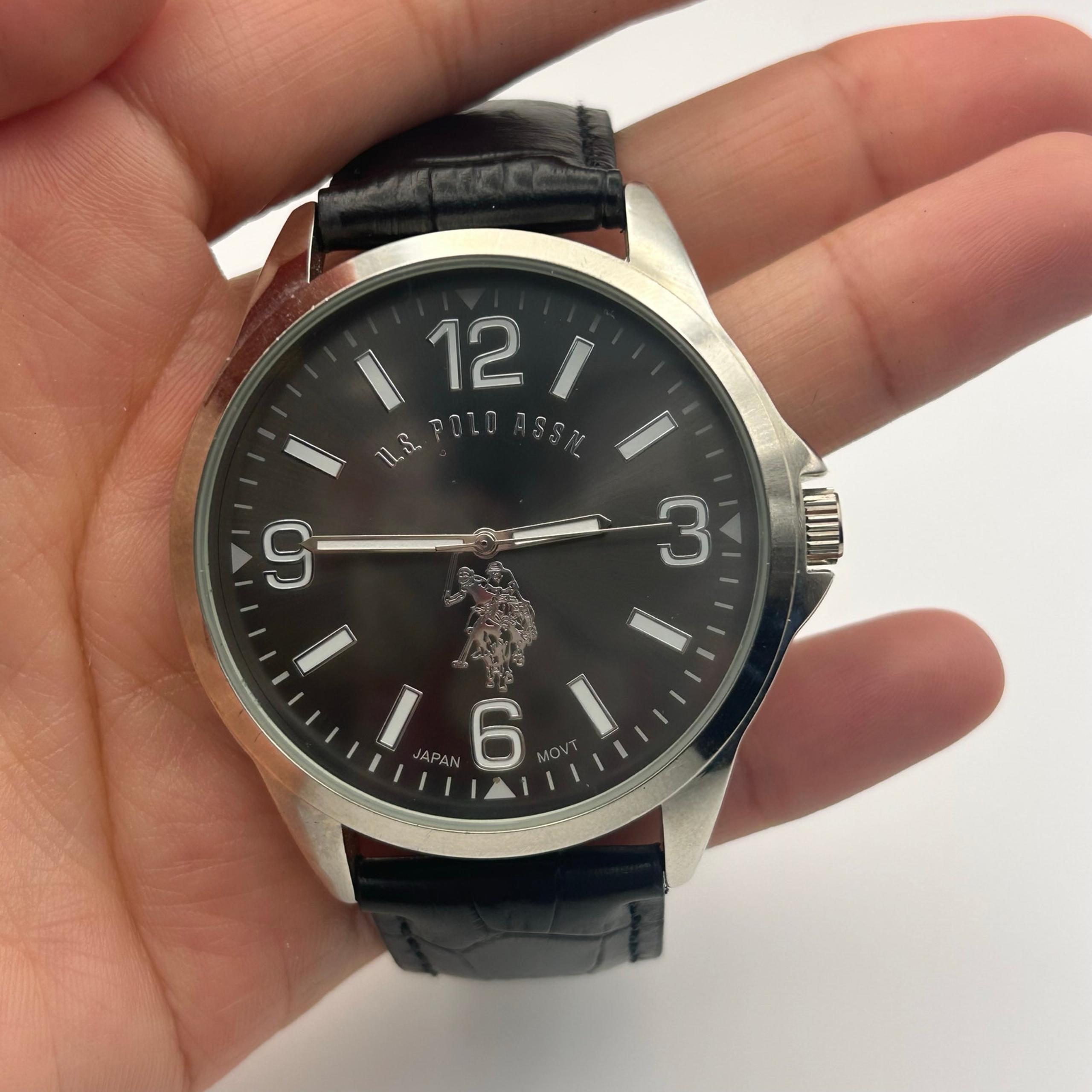 U.S. POLO ASSN. Silver Tone Black Leather Men’s Watch