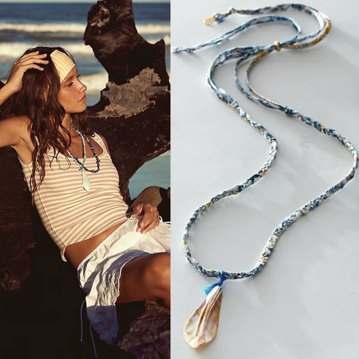 Free People Ariana Ost The Era Strand Necklace Navy Shell Pendant Bohemian Beach
