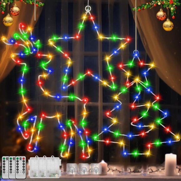New 3Pcs Christmas Window Lights, Battery Powered Star, Reindeer for Tree Décor