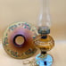 Vintage hand painted lamp tile shade, amber glass with milk glass base, gorgeous