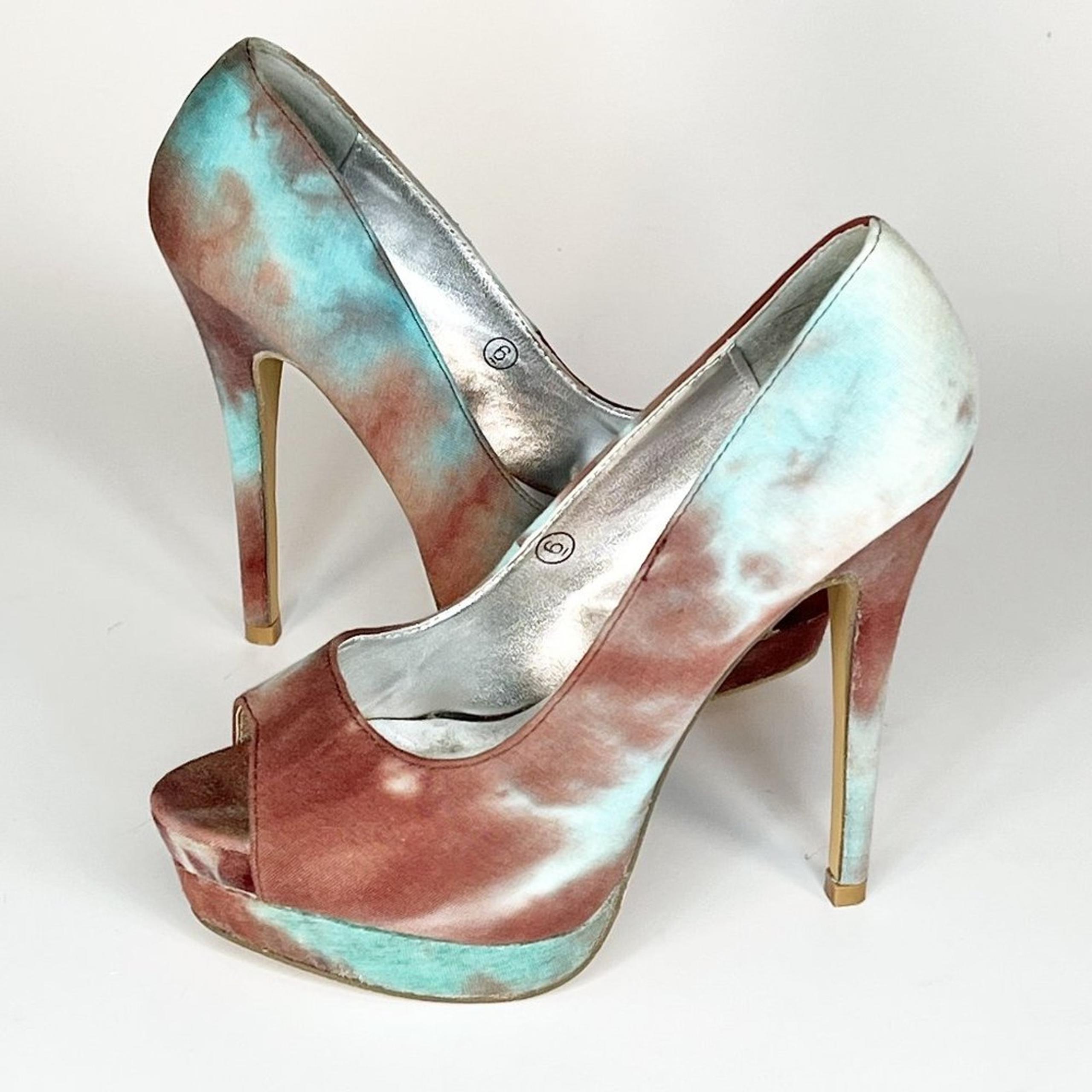 Miss Me Jocelyn Tie-Dye Blue & Brown Peep Toe Platform Stiletto Heels Shoes 6
