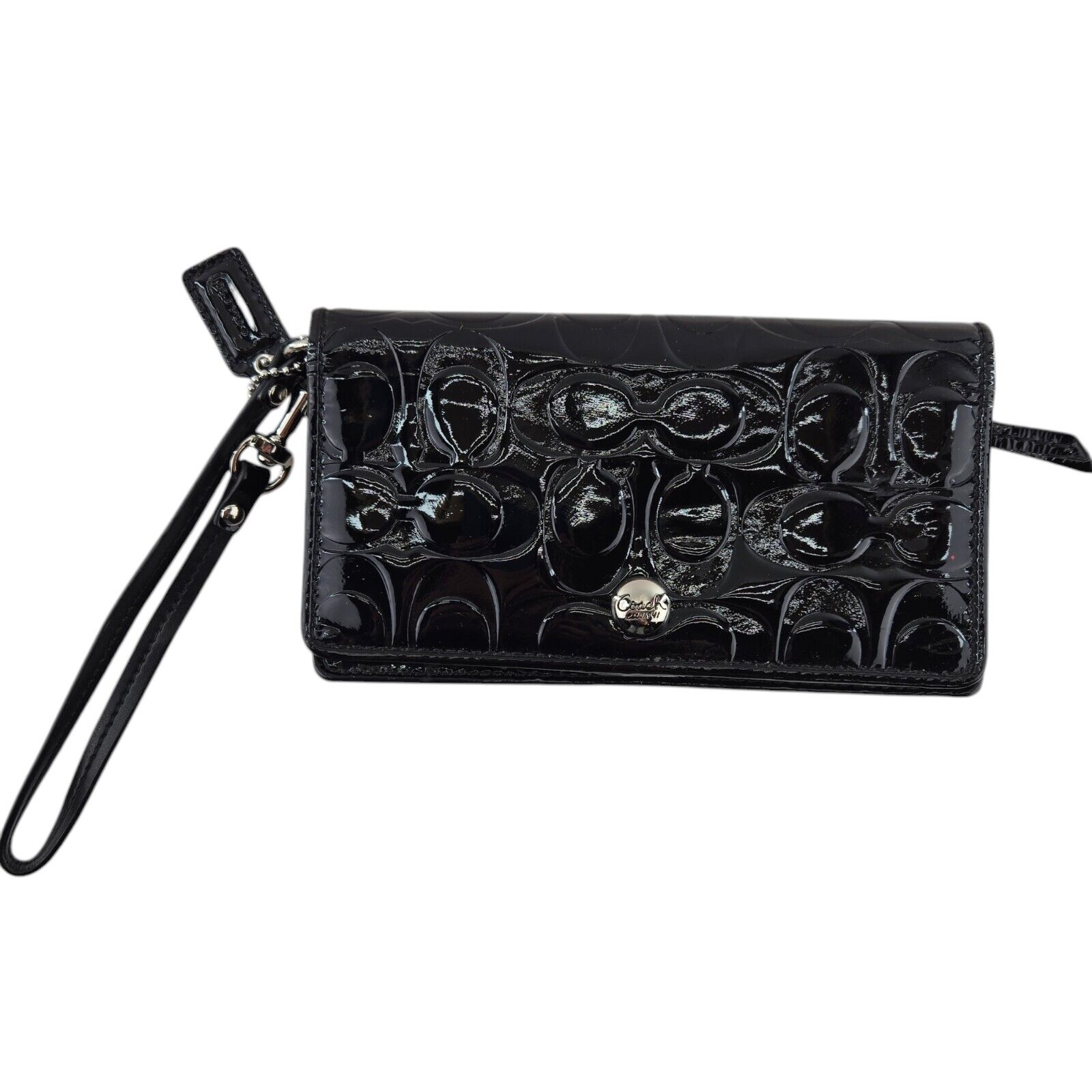 Coach Peyton Signature Wristlet Wallet Black Patent Leather Folding Formal Logo