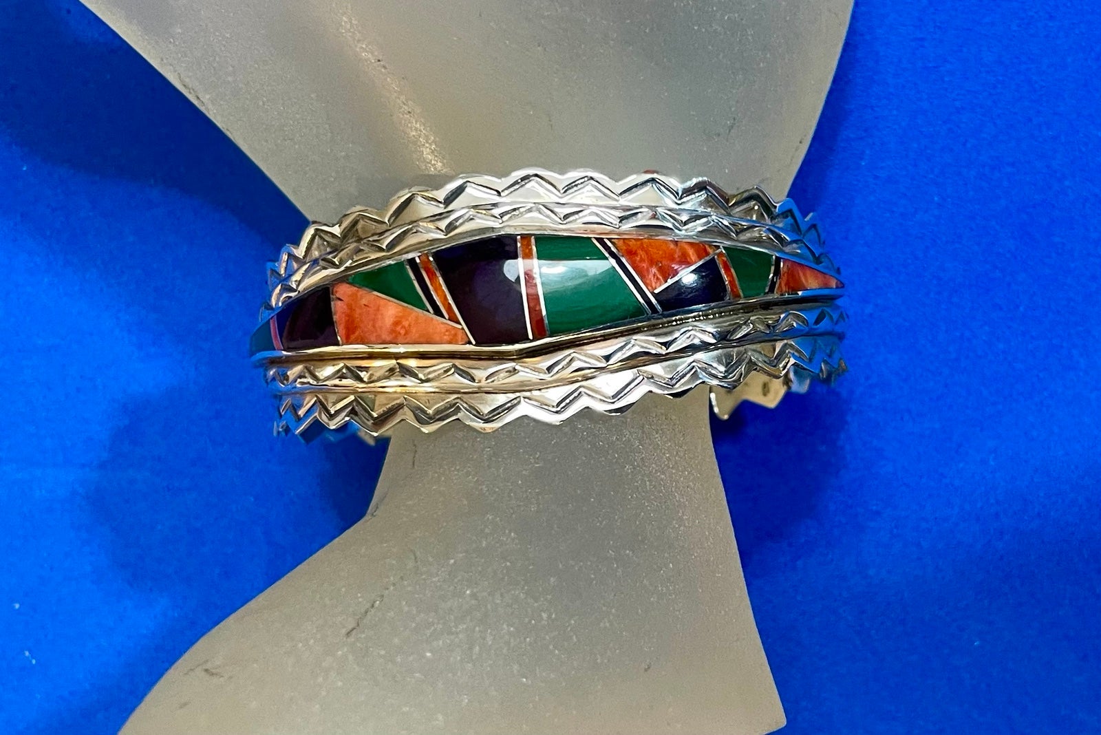Navajo Native American Ster. Silver Inlaid Mosaic Cuff Bracelet Signed Jay Boyd