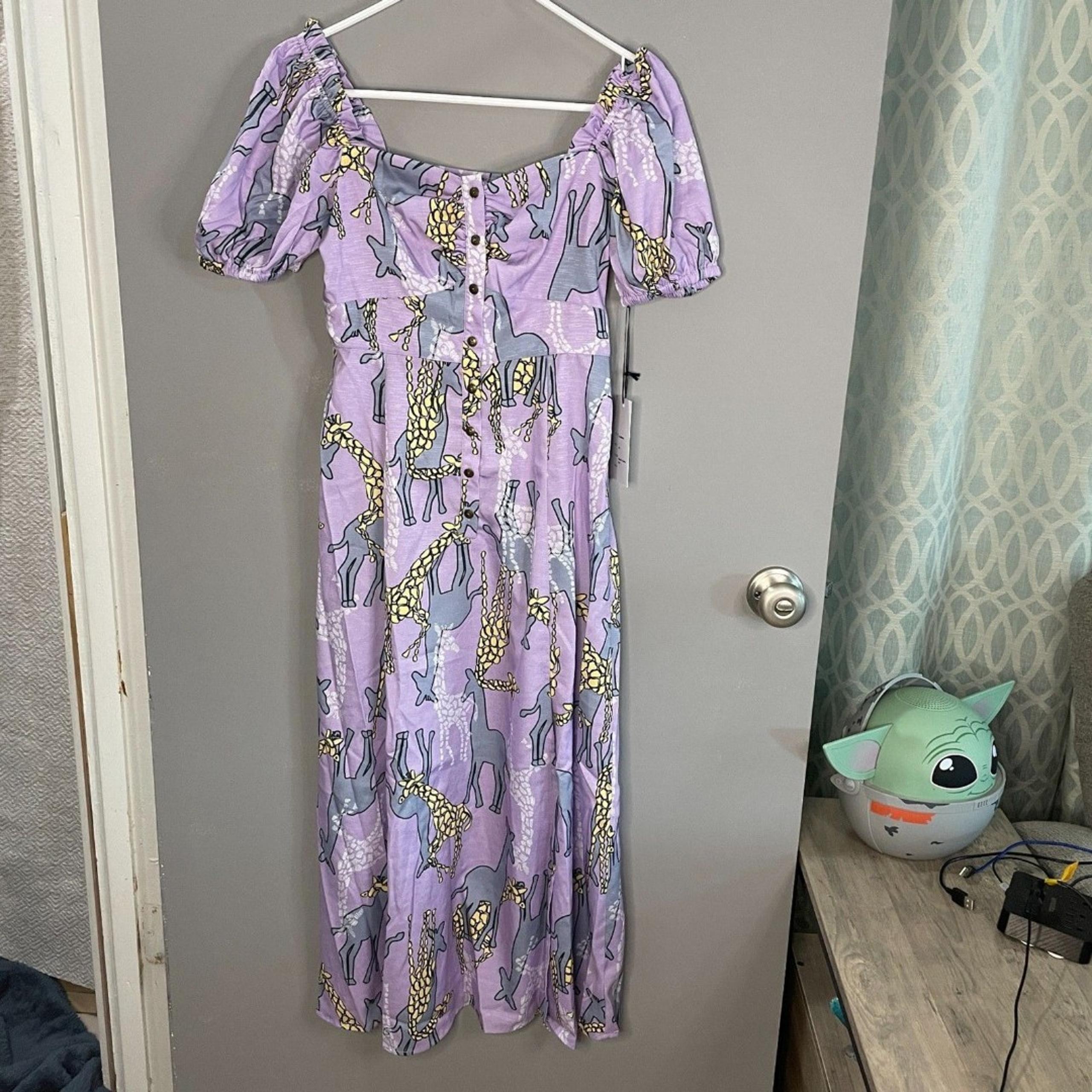 Unique Vintage Womens S Purple Wild Hearts Run Free Giraffe AOP Midi Dress NWT