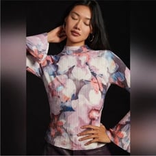 Pilcro Anthropologie XL Purple Floral Ribbed Velvet Luxury Career Y2K Turtleneck