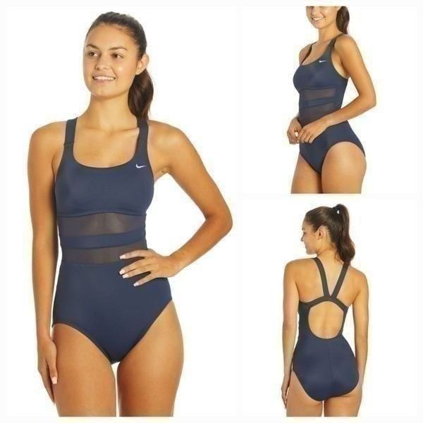 NIKE Women's Mesh Solid Edge V-Back One Piece Swimsuit Navy Size L NEW