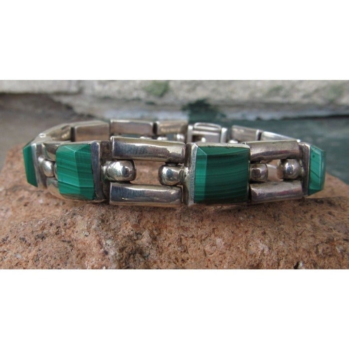 Vintage Taxco Mexico Heavy Malachite link bracelet 7 inch