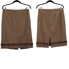 Vintage 80s Casual Corner Skirt Wool Houndstooth Plaid Tea Length Tan 10 Western