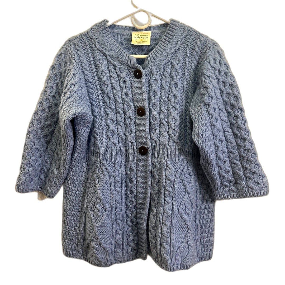 Kilronan Knitwear Blue Merino Wool Cable Cardigan Sweater Top Women's Sz Medium
