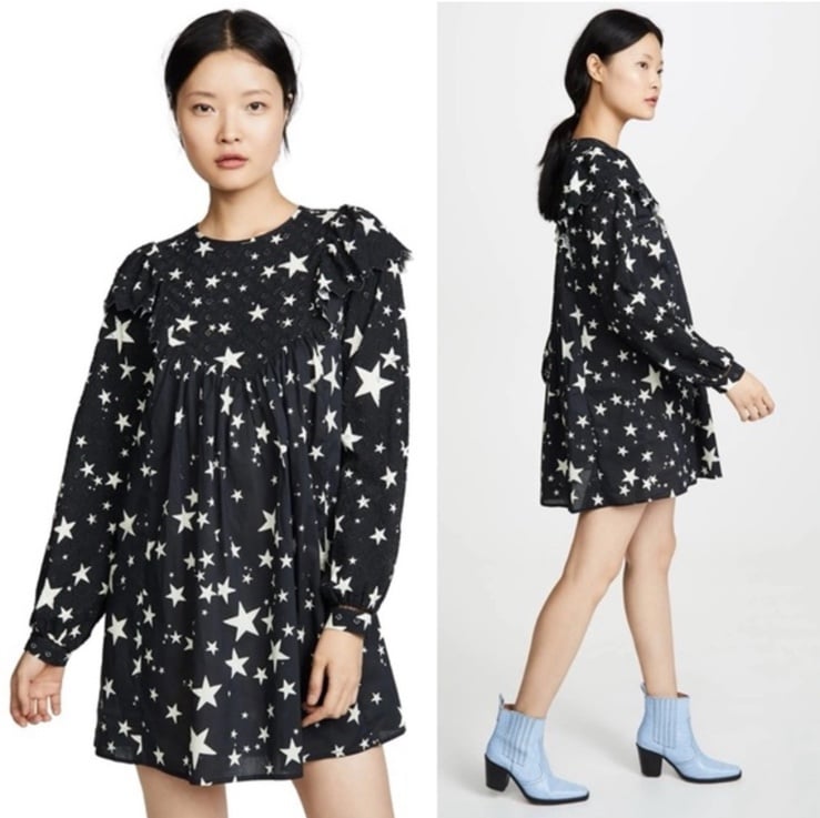 Farm Rio stardust eyelet ruffle star print mini dress
