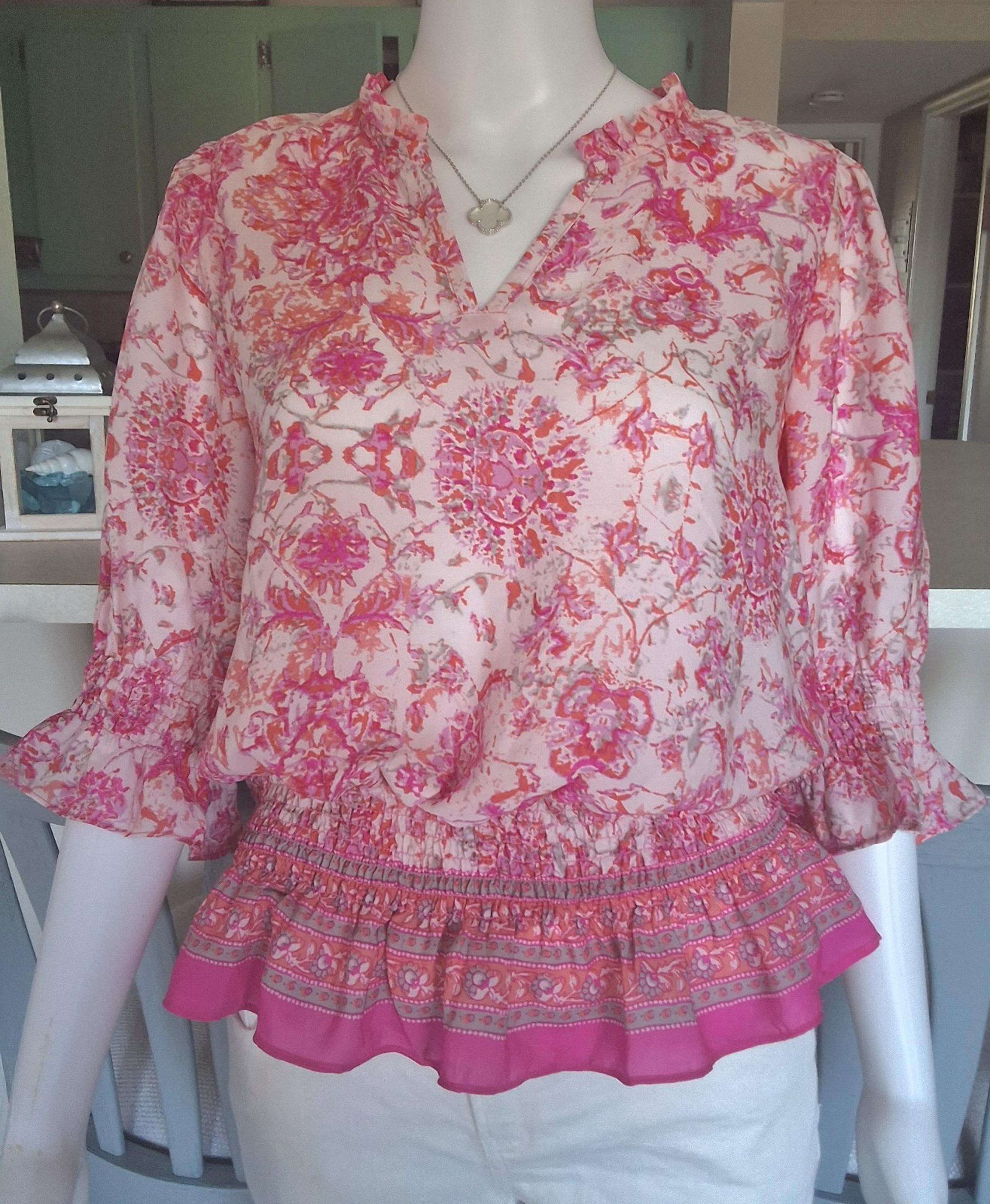 Adorable Rachel Zoe Pink Boho Floral Cotton Peasant 3/4 Sleeve Blouse - M - NWOT