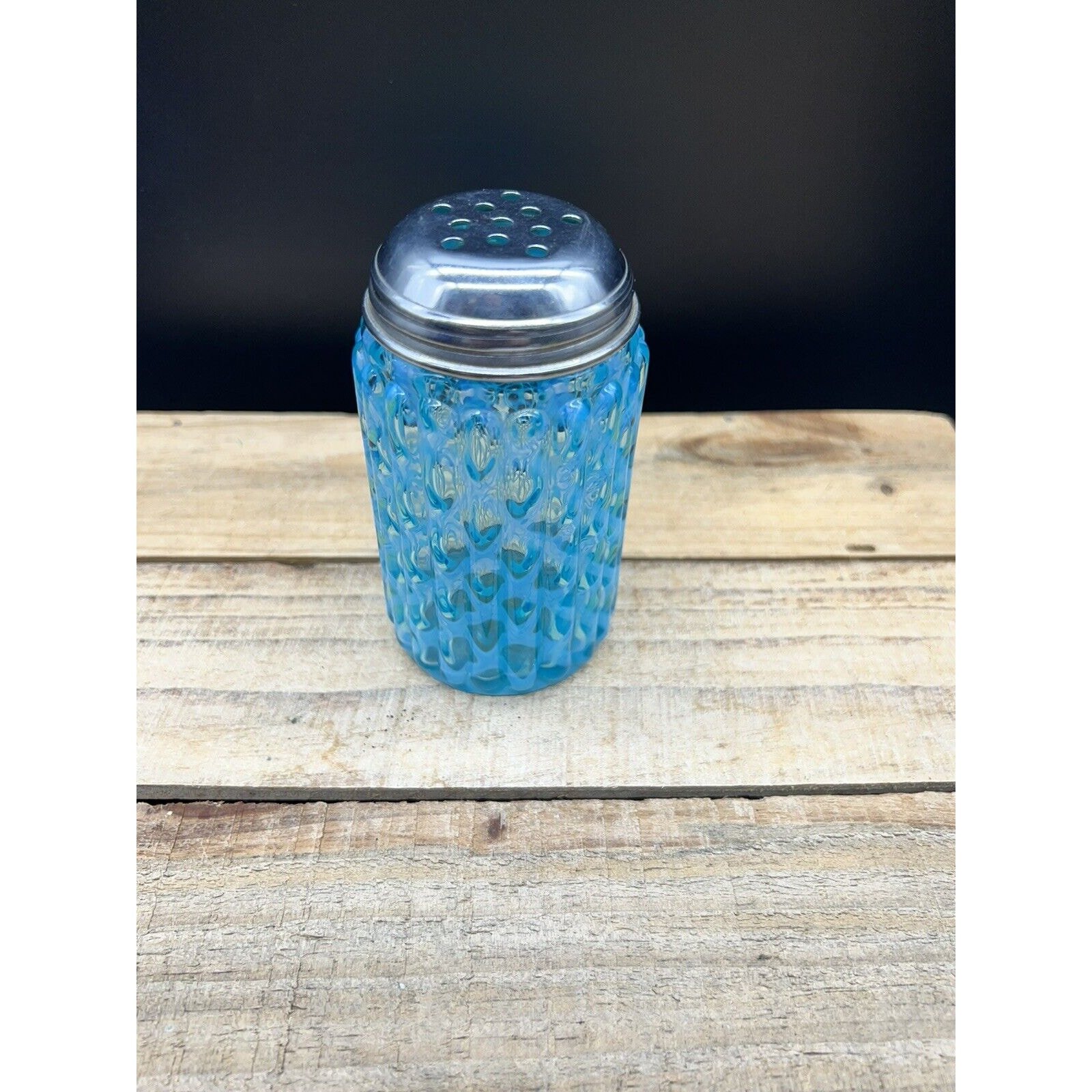 Northwood Blue Opalescent Ribbed Opal Lattice Sugar Shaker