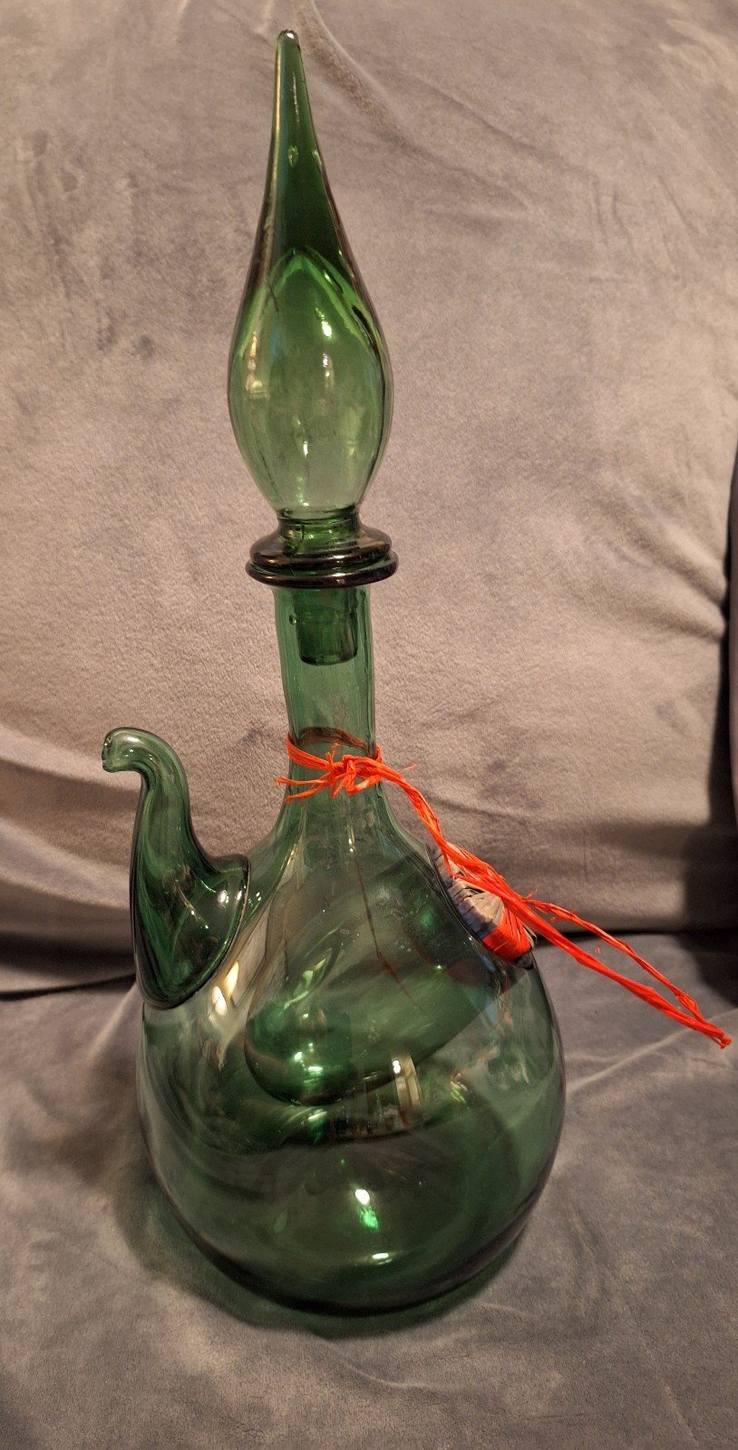 Vintage Hand Blown GREEN GLASS WINE Decanter w/ Stopper ITALY MCM 1970s